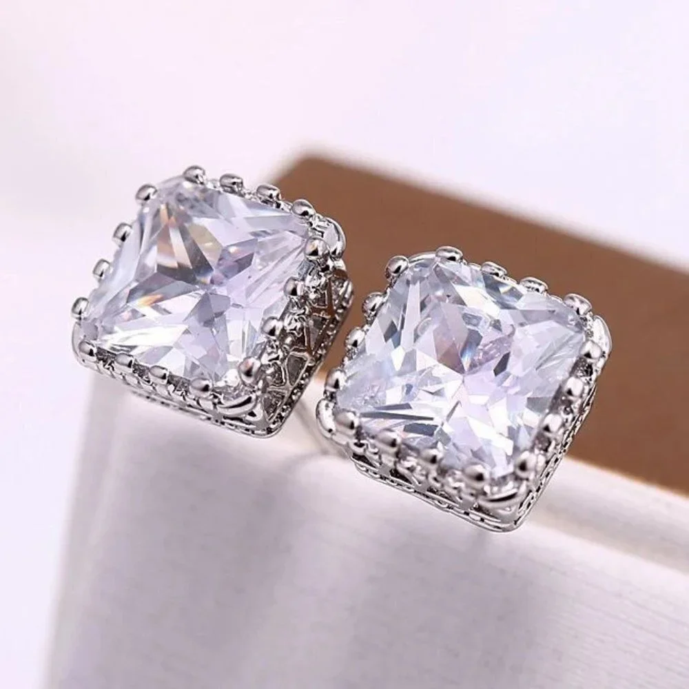 Square Stud Pure Zircon Filled 925 Silver Plated Classic Earrings, INDN8593 - Picture 4 of 4